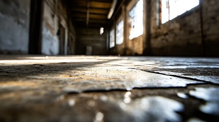 Aufkleber - Abandoned industrial space with cracked floor and sunlight streaming through windows : Generative AI