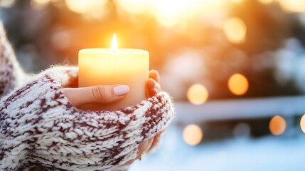 Poster - Warm Cozy Candle Glow in Hands During a Beautiful Sunset Background : Generative AI
