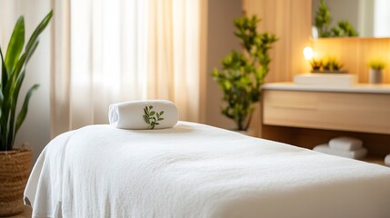 Poster - Comfortable spa setting with a neatly arranged towel on the massage table for relaxation : Generative AI