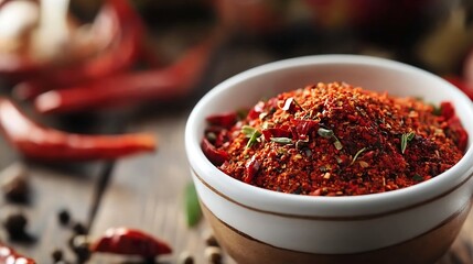 Aufkleber - Colorful bowl filled with rich flavorful chili powder and dried peppers on a rustic wooden table : Generative AI