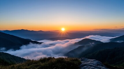 Aufkleber - Stunning panoramic view of a colorful sunrise illuminating the mountains and clouds in the valley : Generative AI