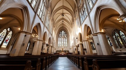 Aufkleber - Majestic view of an ornate church interior showcasing tall arches and beautiful stained glass windows : Generative AI