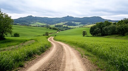 Aufkleber - Scenic winding dirt road through lush green fields with distant hills under cloudy sky : Generative AI