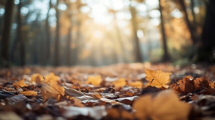 Poster - Golden Autumn Leaves Covering the Ground in a Serene Forest Setting with Sunlight Filtering Through the Trees : Generative AI