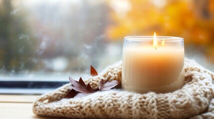 Poster - Cozy Candle on a Warm Blanket by the Window with Autumn Leaves : Generative AI