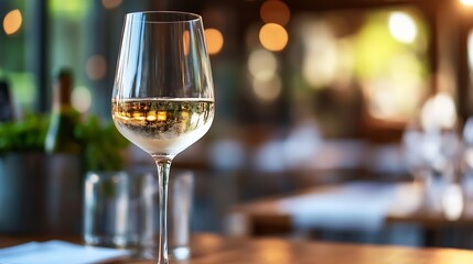 Aufkleber - Elegant White Wine Glass Reflected in Soft Evening Ambiance with Cozy Blurred Background : Generative AI