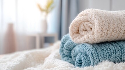 Fototapete - Neatly rolled soft knitted blankets stacked in soothing colors on a light background : Generative AI