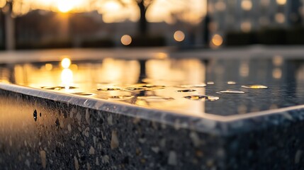 Leinwandbilder - Stunning sunset reflection on serene wet granite surface captured in urban setting : Generative AI