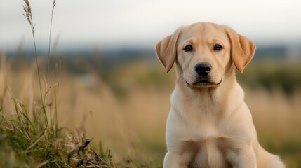 Poster - Adorable Labrador Puppy Sitting Silently in a Field with Soft Green Grass : Generative AI