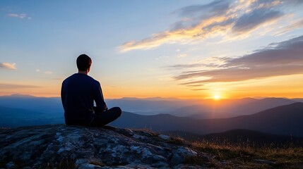 Poster - A solitary figure meditating on a rock while watching the picturesque sunset over distant mountains : Generative AI
