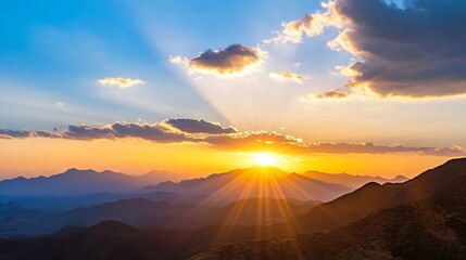 Aufkleber - Breathtaking sunrise over mountain range with beautiful rays of light breaking through clouds : Generative AI