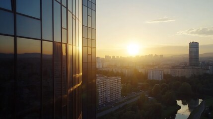 Poster - Stunning Sunset View from a Modern Building with Reflective Facade Overlooking Urban Skyline : Generative AI