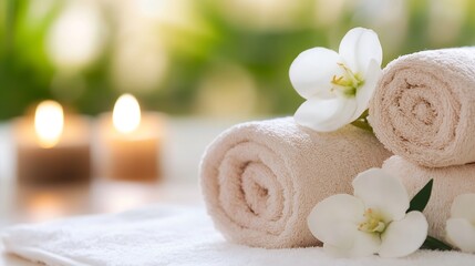 Aufkleber - Soft Towels with Flowers and Candles Creating a Cozy Spa Atmosphere for Self Care : Generative AI