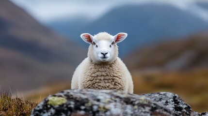 Poster - Close-Up of a Cute Sheep with Fluffy Wool Against a Scenic Background : Generative AI