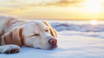 Poster - Golden Retriever Dog Sleeping Peacefully on the Beach at Dusk with a Beautiful Sunset : Generative AI