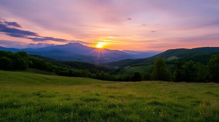 Poster - Breathtaking landscape at sunset with lush greenery and rolling hills highlighted by warm golden sunlight : Generative AI