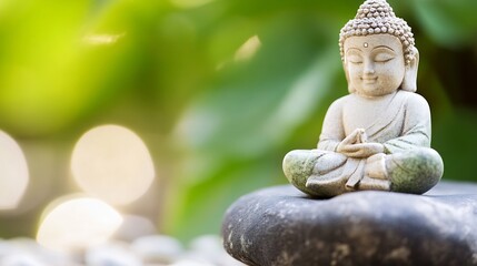 Poster - Serene Buddha Statue Resting on a Rock Surrounded by Lush Greenery and Soft Bokeh Lights : Generative AI