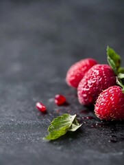 Poster - Fresh and vibrant raspberries with green leaves on a dark textured background showcasing delicious fruit : Generative AI