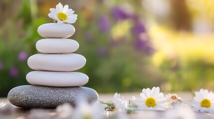 Aufkleber - Balanced Stones with Daisies for a Peaceful Zen Garden Aesthetic : Generative AI