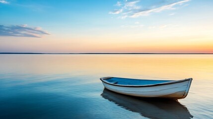 Aufkleber - Isolated wooden boat floating on still water during sunset creating a peaceful atmosphere : Generative AI