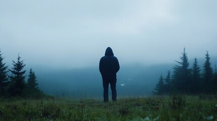 Poster - Solitary Figure in Hoodie Overlooking Foggy Forest Landscape on Calm Day : Generative AI