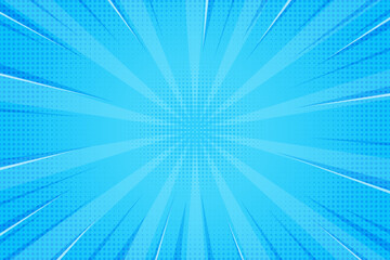 Poster - comic book abstract blue background with starburst pattern. pop art radial rays of explosion with ha