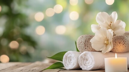 Aufkleber - Spa Setting with Towels Stones and Orchid Flower in Natural Light : Generative AI