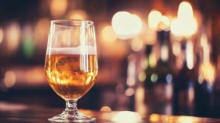 Poster - Refreshing golden beer in a glass on a wooden bar with a blurred background : Generative AI