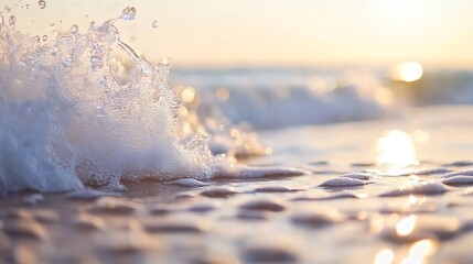 Aufkleber - Gentle ocean wave splashes at soft sandy shore during golden hour light : Generative AI