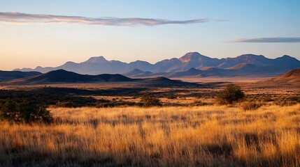 Aufkleber - Majestic mountains in the distance with golden grasslands illuminated by sunset : Generative AI