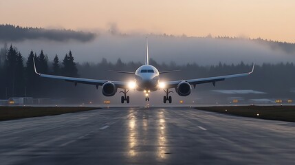 Poster - Airplane Taking Off in Early Morning Light with Foggy Landscape in Background : Generative AI