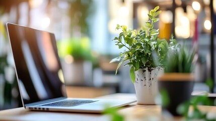 Poster - Stylish Home Office with Laptop and Indoor Plants for a Productive Environment : Generative AI