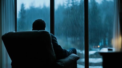 Poster - Person Sitting in Cozy Chair Staring Out at Rainy Landscape with Reflective Mood : Generative AI