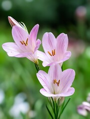 Poster - Beautiful blooming pink flowers in soft focus against a vibrant green background in nature : Generative AI