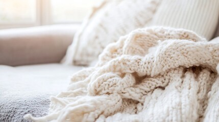 Aufkleber - Plush white knitted blanket draped over a cozy couch in a softly lit room evoking comfort and relaxation : Generative AI