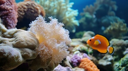 Poster - Vibrant underwater scene featuring colorful coral and clownfish swimming gracefully in their habitat : Generative AI