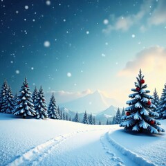 Wall Mural - Snowy winter landscape with Christmas decorations, decorations, evergreen, cold