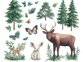  Whimsical watercolor of woodland animals and majestic trees in a colorful, natural habitat