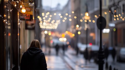 Poster - Woman walking on rainy street with beautiful bokeh lights creating a cozy urban atmosphere : Generative AI