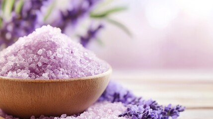 Aufkleber - Lavender salt in wooden bowl promoting relaxation and spa treatment with flowers : Generative AI