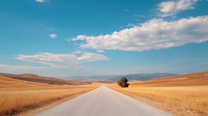 Poster - Wide view of an empty road cutting through golden fields under a clear blue sky on a warm sunny day : Generative AI