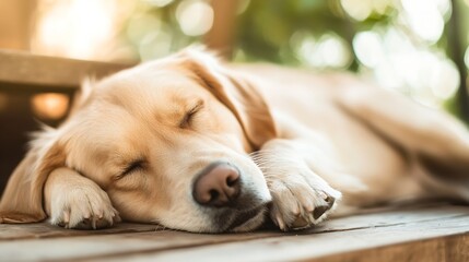 Poster - Golden retriever dog sleeping peacefully in natural setting on wooden surface : Generative AI