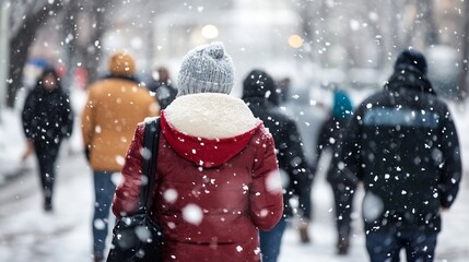 Poster - A woman in a red coat walks through a snowy city street enjoying the winter wonderland atmosphere : Generative AI
