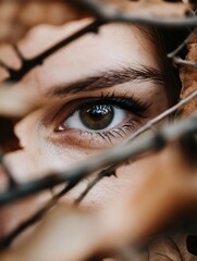 Poster - Captivating close up of a woman's eye framed by natural elements showcasing beauty and emotion : Generative AI