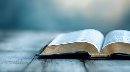 Poster - Open Bible Laying on a Rustic Wooden Table With Soft Natural Light : Generative AI