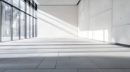 Aufkleber - Modern indoor space featuring large glass windows and concrete walls illuminated by soft shadows : Generative AI