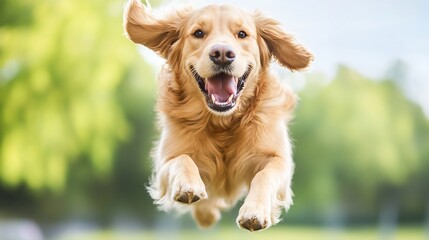 Aufkleber - Playful Golden Retriever Dog Joyfully Leaping in a Green Park Under Bright Sunlight : Generative AI