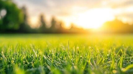Poster - Sunlit grass field at dawn with dew drops glistening under a warm golden sunrise : Generative AI