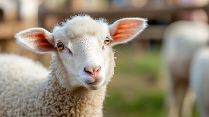 Poster - Portrait of a curious sheep with fluffy wool in a farm setting : Generative AI