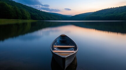 Poster - A tranquil view of a canoe floating on a lake surrounded by lush trees at twilight : Generative AI